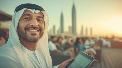 A man wearing a white robe and a black hat is smiling and holding a tablet