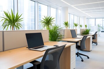 Wall Mural - Empty Desks and Laptops in a Modern Office with Lush Greenery