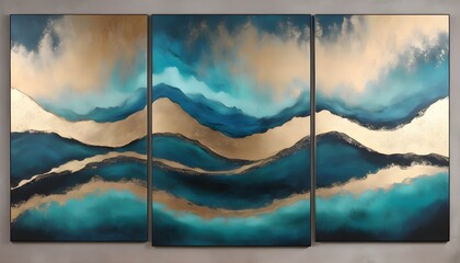 Wall Mural - Serene Abstract Panels Depicting Majestic Mountain Ranges in Shades of Blue and Gold