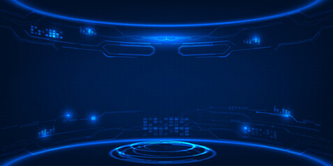 Wall Mural - Vector illustrations of Futuristic  digital technology stage with glowing blue pedestal podium stage layout for hi tech showcase.Digital tech concept.