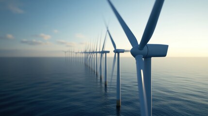 A row of wind turbines on the ocean, symbolizing renewable energy and sustainability.