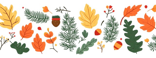 Poster - Autumn leaves, acorns, and evergreen branches vector illustration on a white background. Flat cartoon design of fall season elements for a greeting card or decoration.