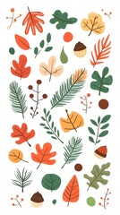 Wall Mural - Autumn leaves, acorns, and evergreen branches vector illustration on a white background. Flat cartoon design of fall season elements for a greeting card or decoration.