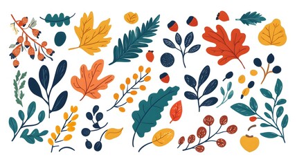 Wall Mural - Autumn leaves, acorns, and evergreen branches vector illustration on a white background. Flat cartoon design of fall season elements for a greeting card or decoration.