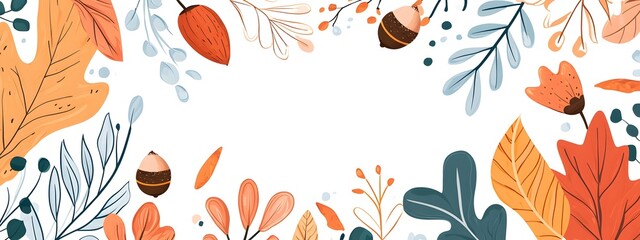 Wall Mural - Autumn leaves, acorns, and evergreen branches vector illustration on a white background. Flat cartoon design of fall season elements for a greeting card or decoration.