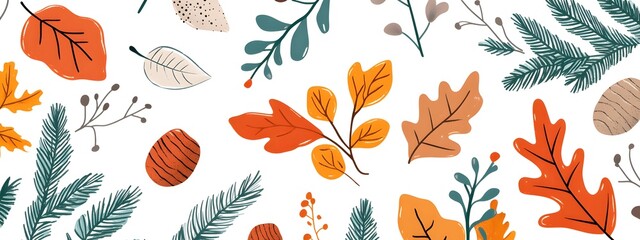 Wall Mural - Autumn leaves, acorns, and evergreen branches vector illustration on a white background. Flat cartoon design of fall season elements for a greeting card or decoration.