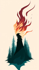 Canvas Print - Silhouetted figure engulfed in flames, standing in a forest.