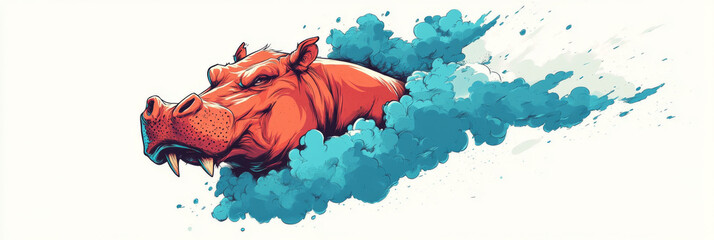 Sticker - A close-up illustration of a hippopotamus's face with a splash of blue color behind it.