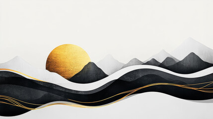 Sticker - Abstract landscape with golden sun and black mountains