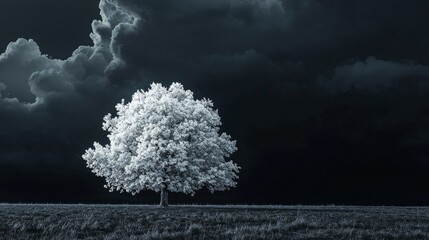 Wall Mural - A lone tree in a desolate field, its leaves glowing white against a pitch-black sky, with dramatic clouds adding to the eerie effect 