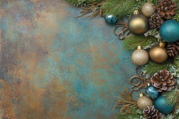 Festive holiday background with Christmas decorations pine branches