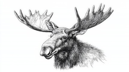 Wall Mural - pen and ink sketch, moose with antlers, white background