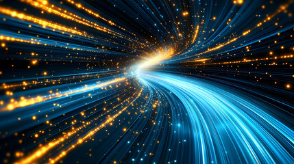 Wall Mural - abstract 3d illustration of a blue and orange light tunnel with sparkling particles