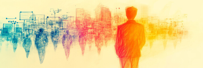 Poster - A lone figure walks towards a cityscape,  sketch-style illustration.