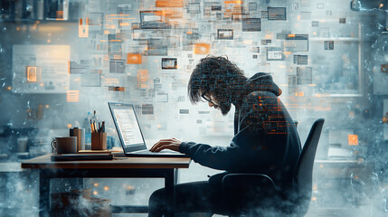 Programmer working with online services using laptop in office at night