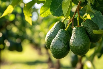 Fresh green avocados hanging on a sunny tree. This vibrant close-up highlights the beauty of nature and the delicious fruit. Perfect for food and health themes. Generative AI