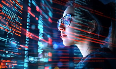 A young woman wearing glasses looks intently at a screen displaying lines of code in a dark room lit by blue and red light.