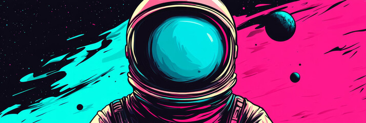 Wall Mural - Astronaut gazing into the cosmos, with a vibrant background of pink and blue nebulae.