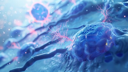 A high-resolution medical illustration of hair follicles and fat cells, showing the intricate relationship between them. Clean, professional layout, soft blue lighting with a futuristic medical backgr