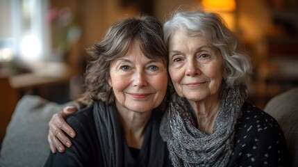 Two women, a mother and daughter, embrace and look at the camera with smiles.