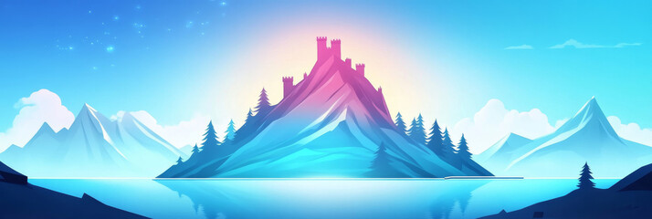 Wall Mural - A fantasy landscape with a castle on a mountain.