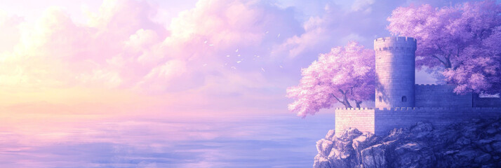 Wall Mural - A stone tower stands tall on a cliff, surrounded by blooming trees and fluffy clouds.