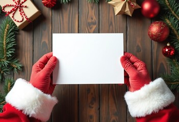 top view of santa's hands holding a blank card mockup on wooden background with christmas decoration