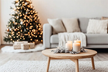 Wall Mural - Modern living room decorated for christmas with burning candles on a coffee table and a christmas tree in the background