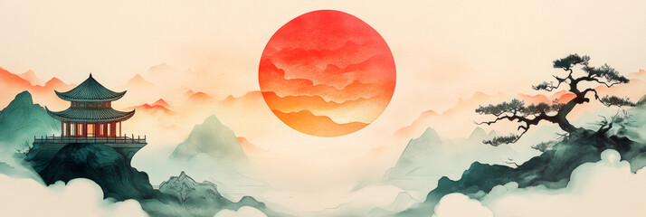 Wall Mural - Serene mountaintop temple bathed in the glow of a red sun.