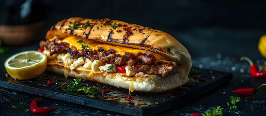 Wall Mural - Turkish street food sandwich with cheese and meat served on a black griddle with a side of lemon creating a delicious visual with copy space image