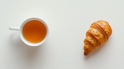 Tea cup with croissant, white isolate background