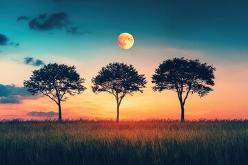 serene twilight landscape with full moon trees