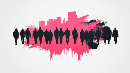 Canvas Print - Silhouettes of people walking in front of a pink and black cityscape.