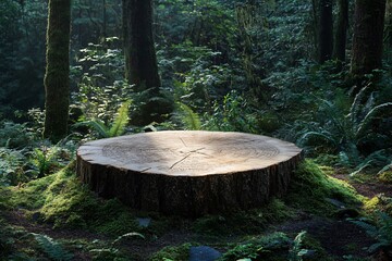 Wall Mural - a large tree stump in a mossy forest with sunlight shining on the top of the stump.