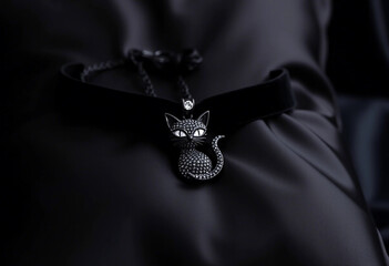 A luxurious black cat pendant embellished with sparkling diamonds, elegantly set on a smooth black silk fabric. Perfect for adding a touch of sophistication and mystery.

