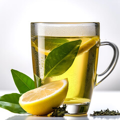 Wall Mural - green tea with lemon on white background