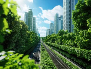 A serene urban landscape featuring lush greenery, modern buildings, and a clear blue sky, showcasing city life harmonized with nature.