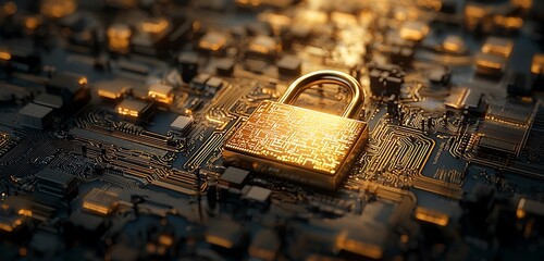 Wall Mural - Data protection in cybersecurity depicted by a golden padlock on a blurred circuit board.