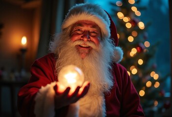 A smiling Santa Claus holding a magical light, with a Christmas background and cinematic lighting