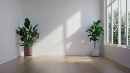 A bright, minimalistic room featuring two leafy plants, bathed in natural light from large windows, promoting a serene and inviting atmosphere.