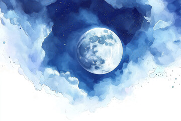 A serene watercolor depiction of a full moon surrounded by soft, swirling clouds in deep blue hues, evoking a sense of calmness and wonder.