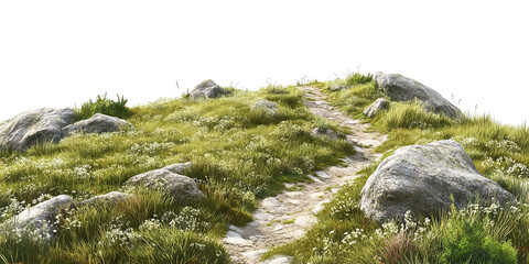 Wall Mural - Scenic mountain trail with rocks and grass, isolated on transparent cutout background