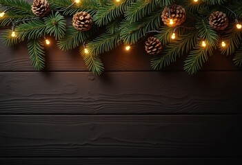 Christmas pine branch adorned with pine cones and string lights on a dark wooden surface evoking a warm and rustic festive ambiance