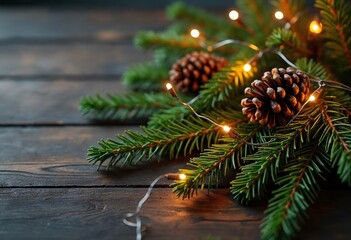 christmas pine branch adorned with pine cones and string lights on a dark wooden surface evoking a w