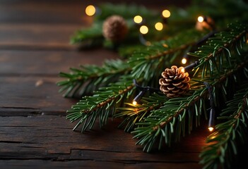 Christmas pine branch adorned with pine cones and string lights on a dark wooden surface evoking a warm and rustic festive ambiance