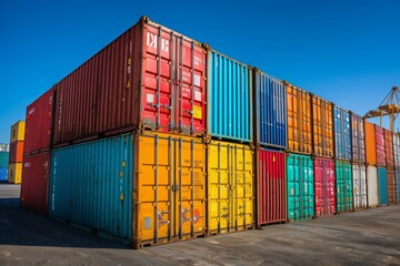 A stack of colorful cargo containers arranged neatly at an industrial port