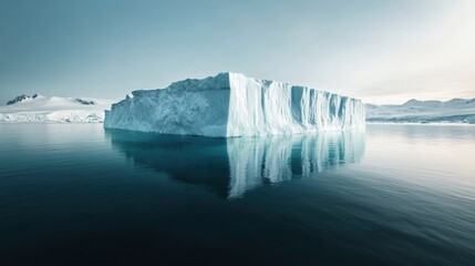 Stunning iceberg reflected in calm waters, picturesque icy landscape, serene atmosphere.