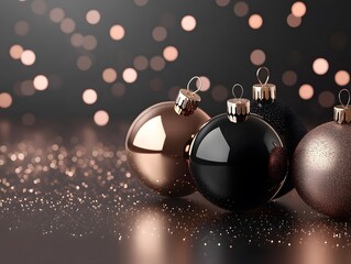 Elegant holiday ornaments in black and gold hues shine amidst a sparkling background, perfect for festive decorations.