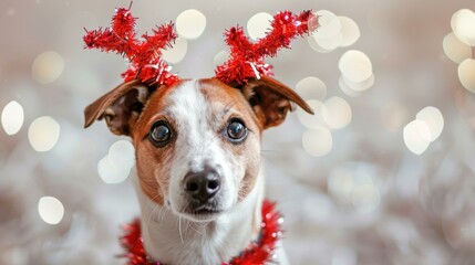 Poster - A  jack russell terrier dog wearing reindeer antlers. AI.