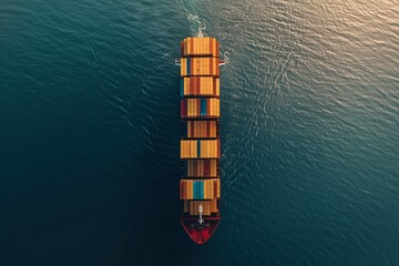 Wall Mural - Aerial view of a cargo ship at sea, loaded with colorful containers under warm sunlight, creating ripples on water